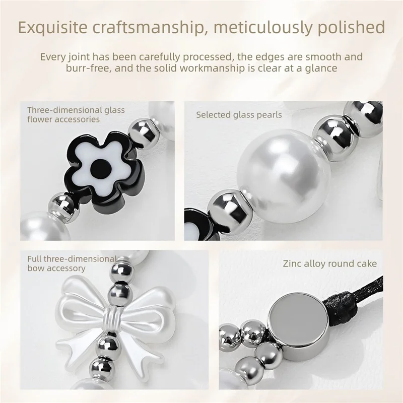 17cm Black White Phone Chain Pearl Bow Flower Charm Anti-Lost Wrist Strap Lanyard