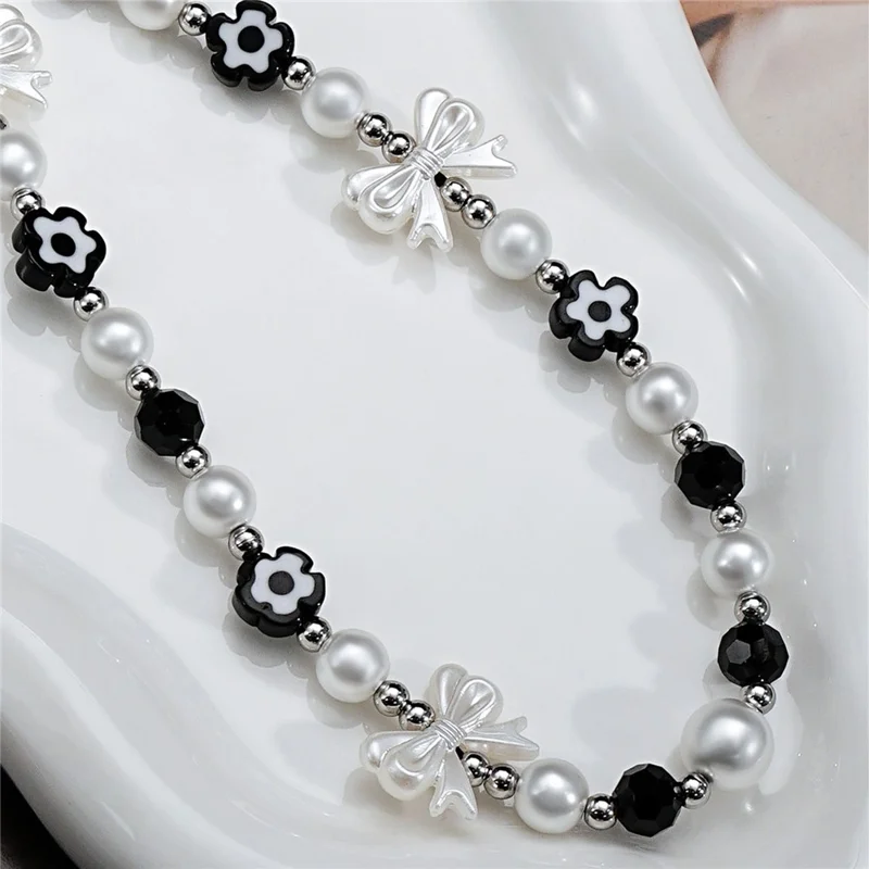 17cm Black White Phone Chain Pearl Bow Flower Charm Anti-Lost Wrist Strap Lanyard