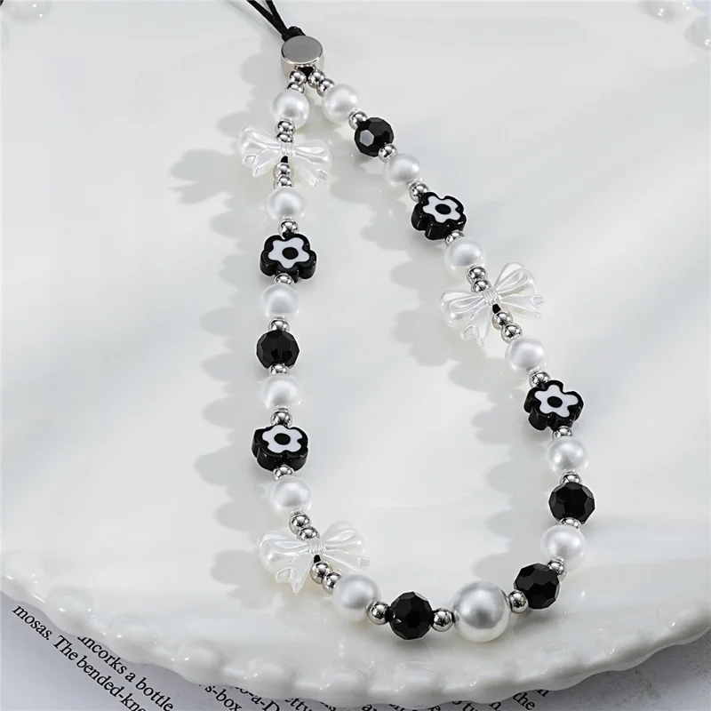 17cm Black White Phone Chain Pearl Bow Flower Charm Anti-Lost Wrist Strap Lanyard