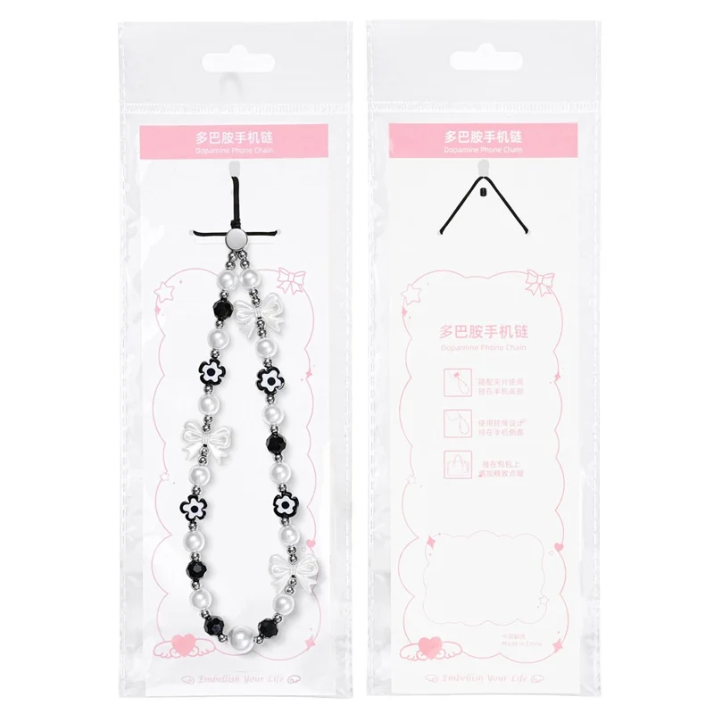 17cm Black White Phone Chain Pearl Bow Flower Charm Anti-Lost Wrist Strap Lanyard