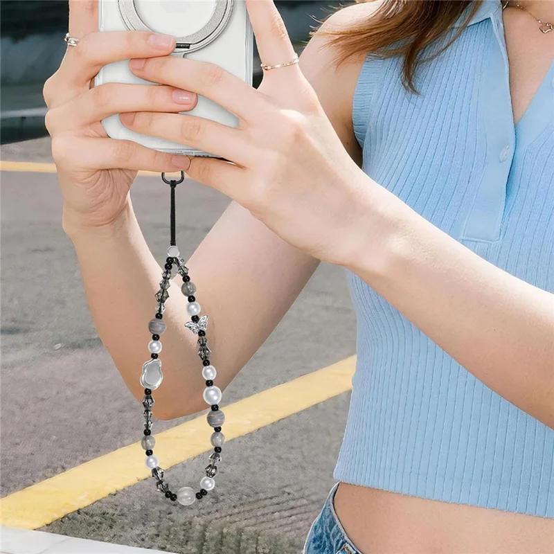 17cm Phone Chain Butterfly Pearl Beaded Lanyard Anti-Lost Phone Strap for Decorative Accessory