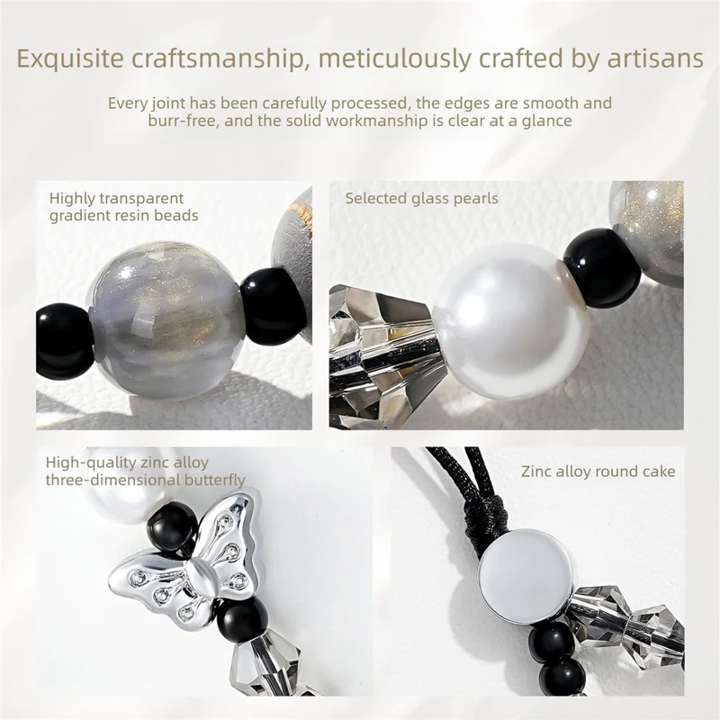 17cm Phone Chain Butterfly Pearl Beaded Lanyard Anti-Lost Phone Strap for Decorative Accessory