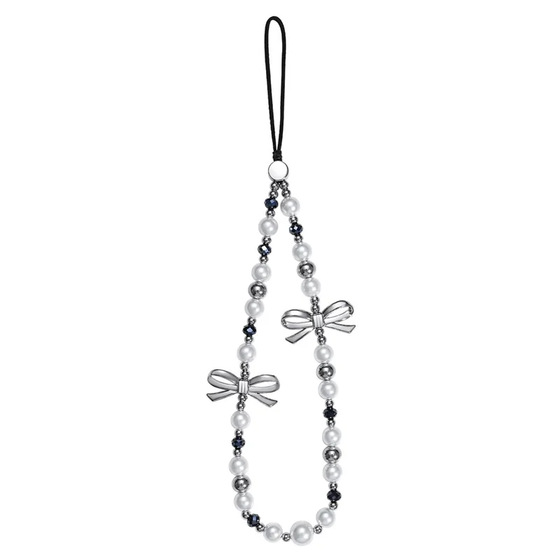 17cm Double Bow Pearl Beaded Phone Charm Lanyard Chain Anti-Lost Wrist Strap Phone Bracelet Keychain