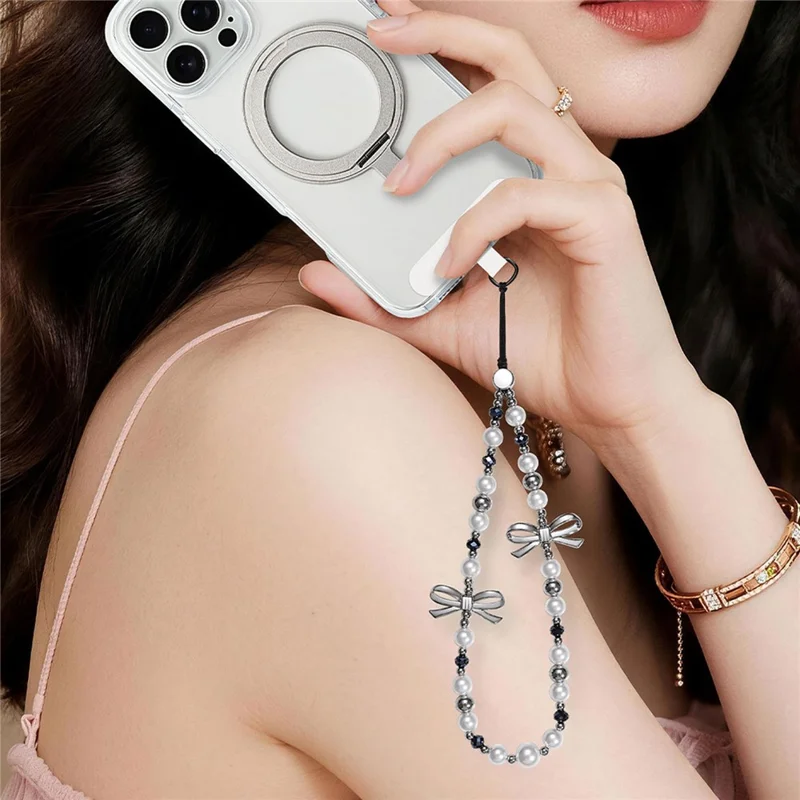 17cm Double Bow Pearl Beaded Phone Charm Lanyard Chain Anti-Lost Wrist Strap Phone Bracelet Keychain