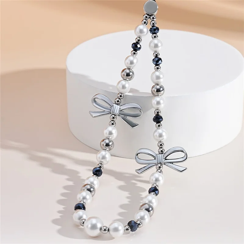 17cm Double Bow Pearl Beaded Phone Charm Lanyard Chain Anti-Lost Wrist Strap Phone Bracelet Keychain