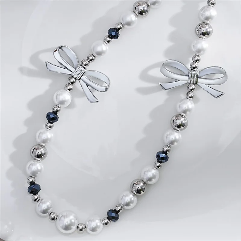 17cm Double Bow Pearl Beaded Phone Charm Lanyard Chain Anti-Lost Wrist Strap Phone Bracelet Keychain