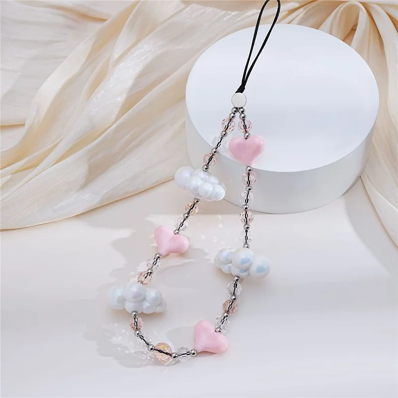17cm Phone Chain Acrylic Cloud Lanyard with Heart Beads Crystal Phone Strap Anti-lost Hanging Accessory