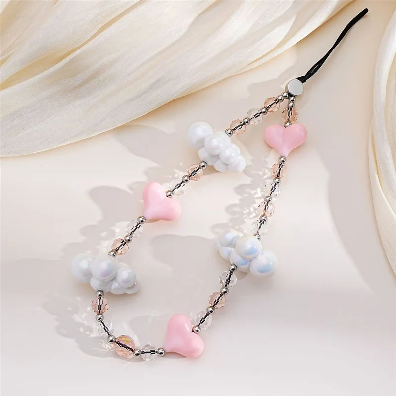 17cm Phone Chain Acrylic Cloud Lanyard with Heart Beads Crystal Phone Strap Anti-lost Hanging Accessory