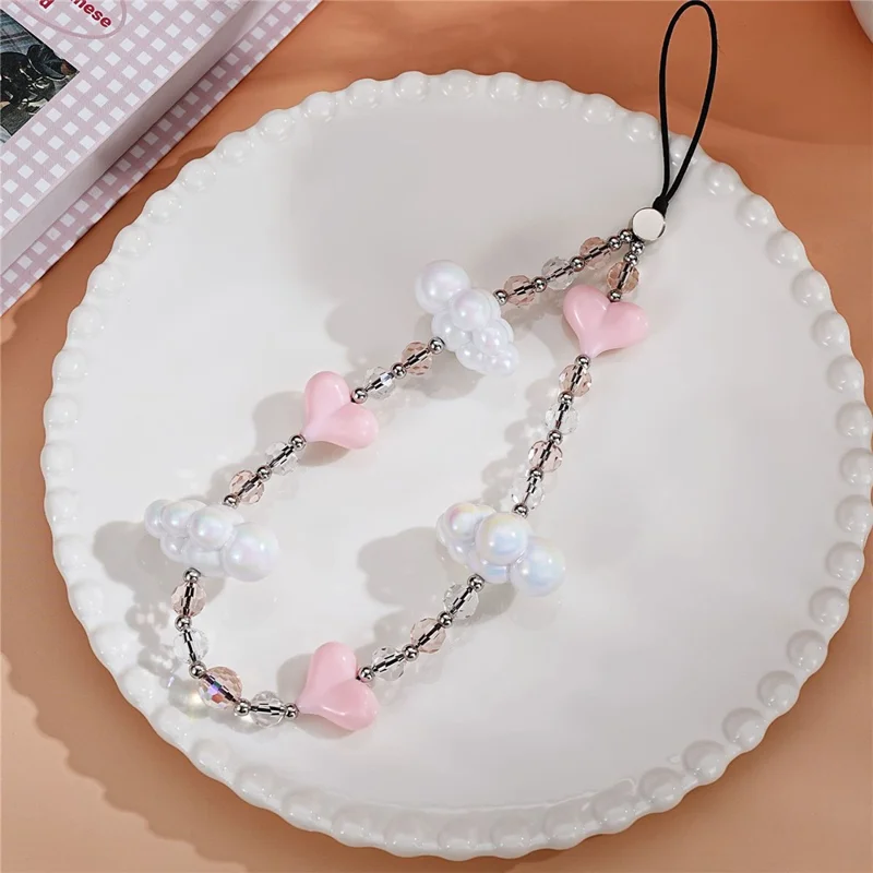 17cm Phone Chain Acrylic Cloud Lanyard with Heart Beads Crystal Phone Strap Anti-lost Hanging Accessory