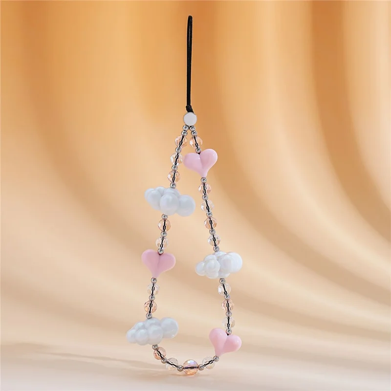17cm Phone Chain Acrylic Cloud Lanyard with Heart Beads Crystal Phone Strap Anti-lost Hanging Accessory