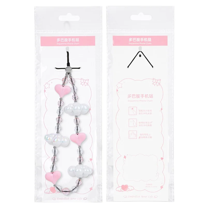17cm Phone Chain Acrylic Cloud Lanyard with Heart Beads Crystal Phone Strap Anti-lost Hanging Accessory