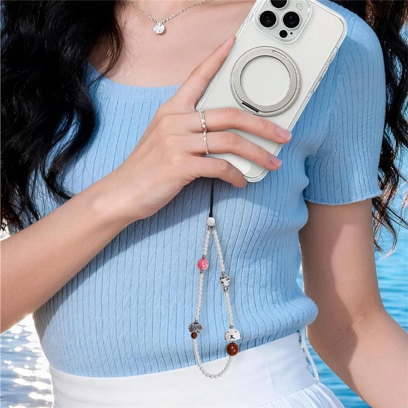 17cm Phone Chain Strap with Cute Dog Charm Pearl Beads Anti-Lost Phone Lanyard Wrist Strap