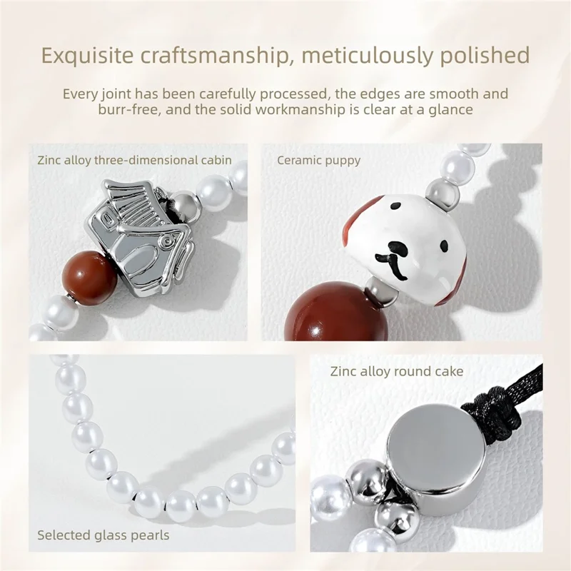 17cm Phone Chain Strap with Cute Dog Charm Pearl Beads Anti-Lost Phone Lanyard Wrist Strap