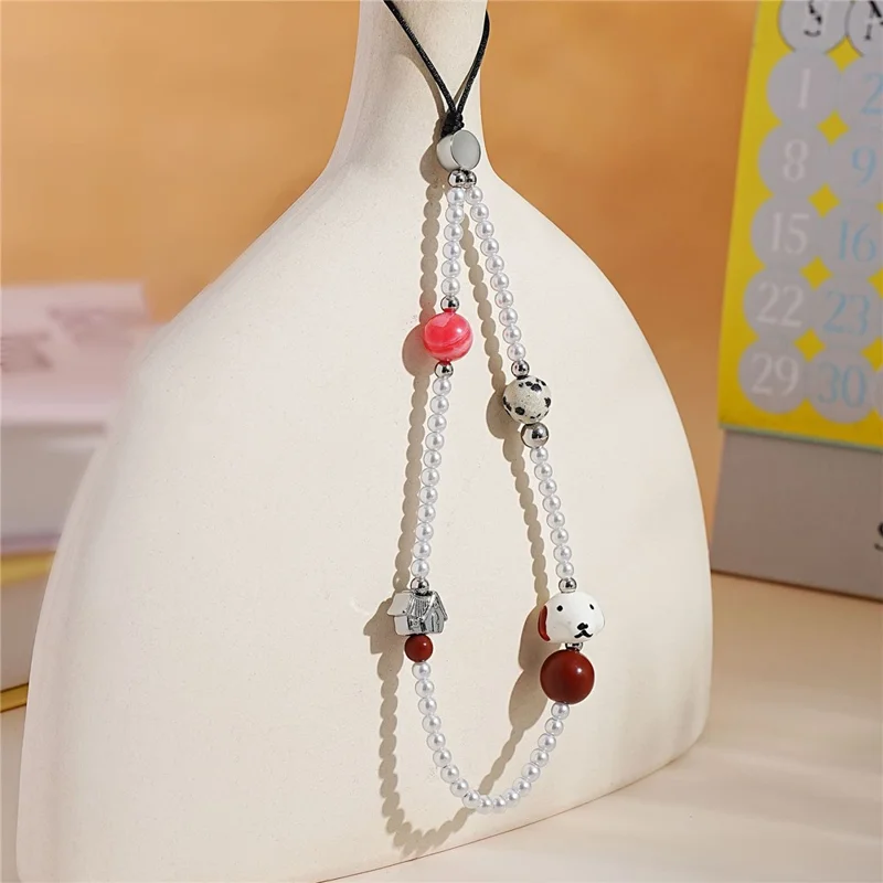 17cm Phone Chain Strap with Cute Dog Charm Pearl Beads Anti-Lost Phone Lanyard Wrist Strap