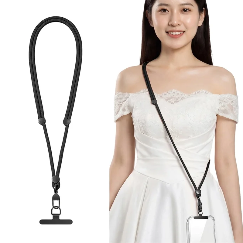 CT-73 150cm Phone Lanyard Adjustable Polyester Strap Anti-Theft Round Rope with Patch, Diameter: 6mm - Black