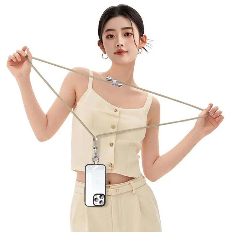 CT-67 1.6m Adjustable Phone Lanyard Crossbody Strap with 60 x 16mm Clear TPU Tether Tab, Strap Diameter: 6mm - Light Camel