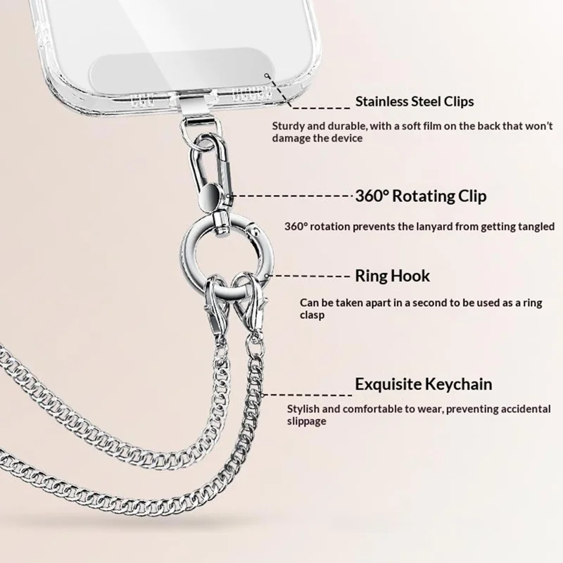 CT-62 120cm Phone Lanyard Crossbody Detachable Ring Clasp Anti-Drop Chain Strap with Tether Patch - Silver