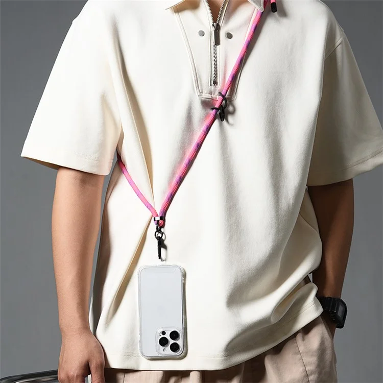 Cordão de ombro para celular de 160 cm com alça ajustável de poliéster e patch - Fio / Rosa e Roxo