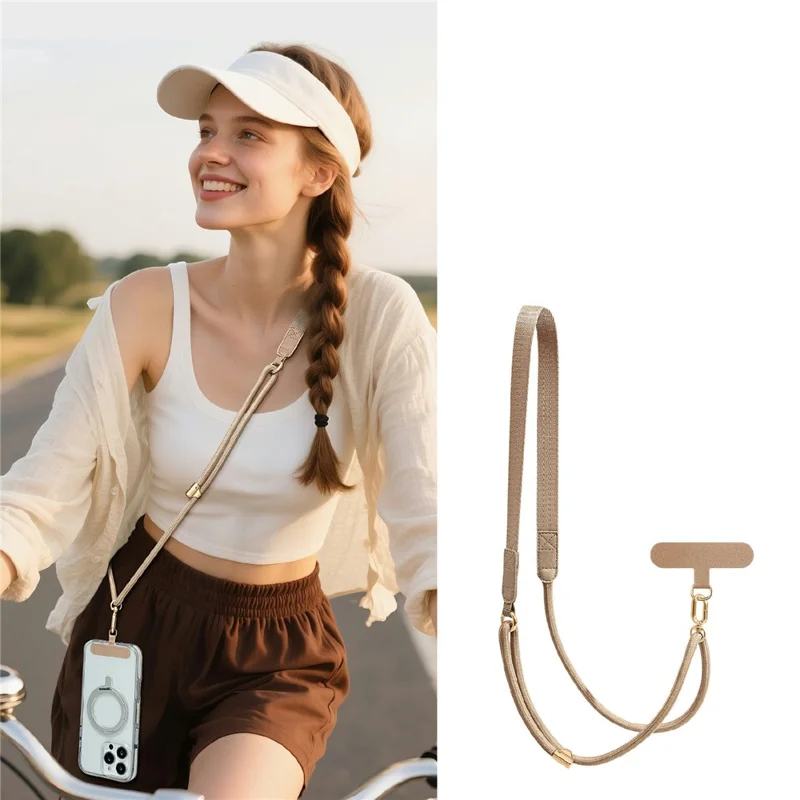 130cm Crossbody Phone Lanyard Wide Flat Gold Hardware Adjustable Neck Strap with Tether Tab - Light Camel