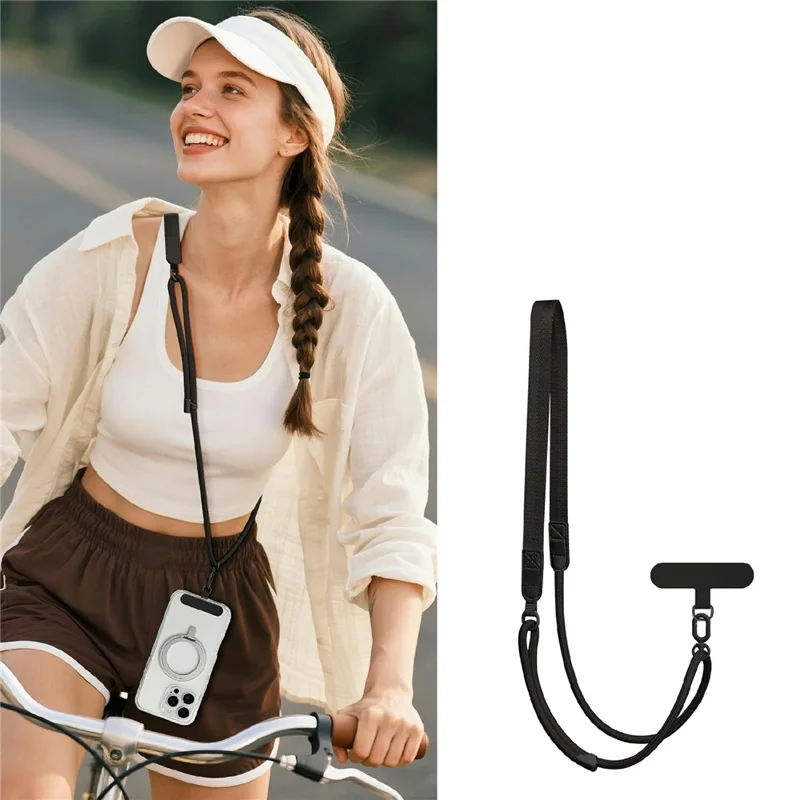 130cm Phone Lanyard Wide Flat Design Painted Metal Hardware Neck Strap with Tether Tab for Mobile Phone - Black