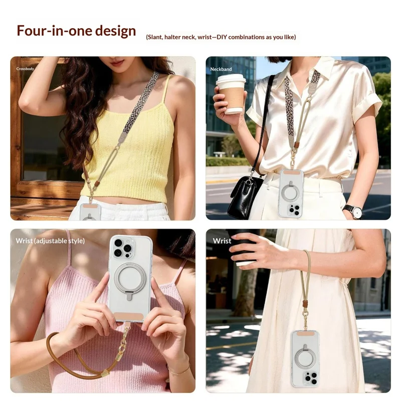 150cm 4 in 1 Phone Lanyard Wide Flat Band Pattern Printing Crossbody Neck Strap with Tether Tab - Black+Grey