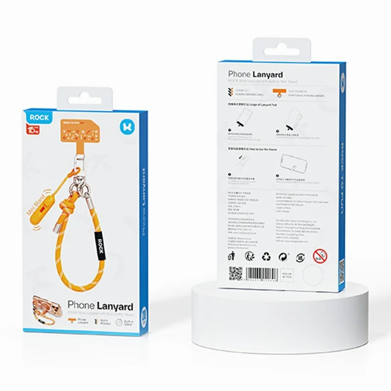ROCK 20cm Phone Lanyard Mini Capsule Stand Nylon Braid Wrist Strap with Tether Tab - Orange