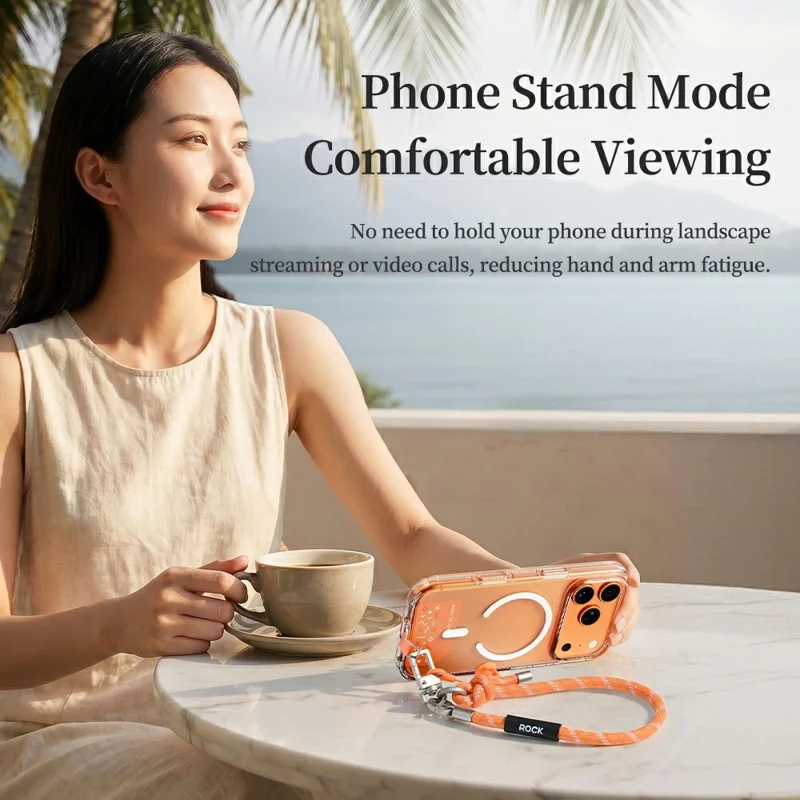 ROCK 20cm Phone Lanyard Mini Capsule Stand Nylon Braid Wrist Strap with Tether Tab - Orange