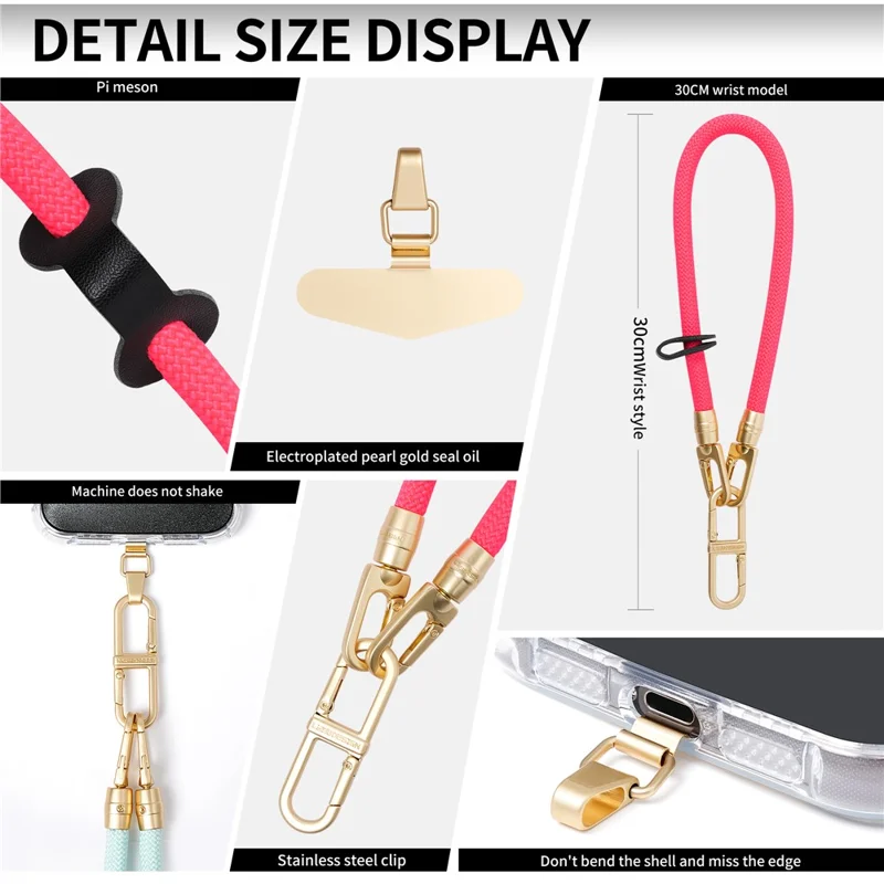 30cm Wrist Strap Detachable Phone Lanyard Anti-Loss Phone Chain with Stainless Steel Patch - Rose