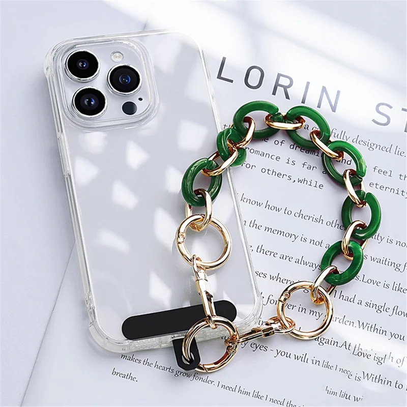 LEEU DESIGN Phone Lanyard 30cm Detachable Alloy+Acrylic Chain Strap Bracelet with Patch - Emerald Green