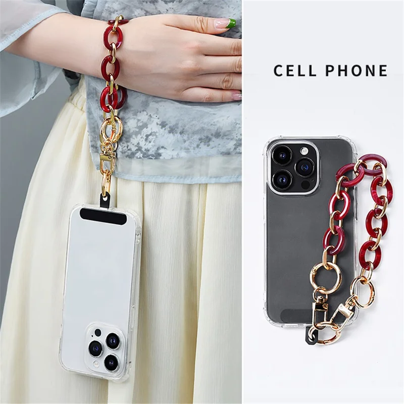 LEEU DESIGN Phone Lanyard 30cm Detachable Alloy+Acrylic Chain Strap Bracelet with Patch - Emerald Green