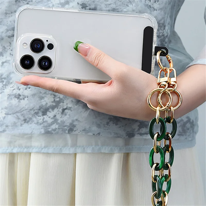 LEEU DESIGN Phone Lanyard 30cm Detachable Alloy+Acrylic Chain Strap Bracelet with Patch - Emerald Green