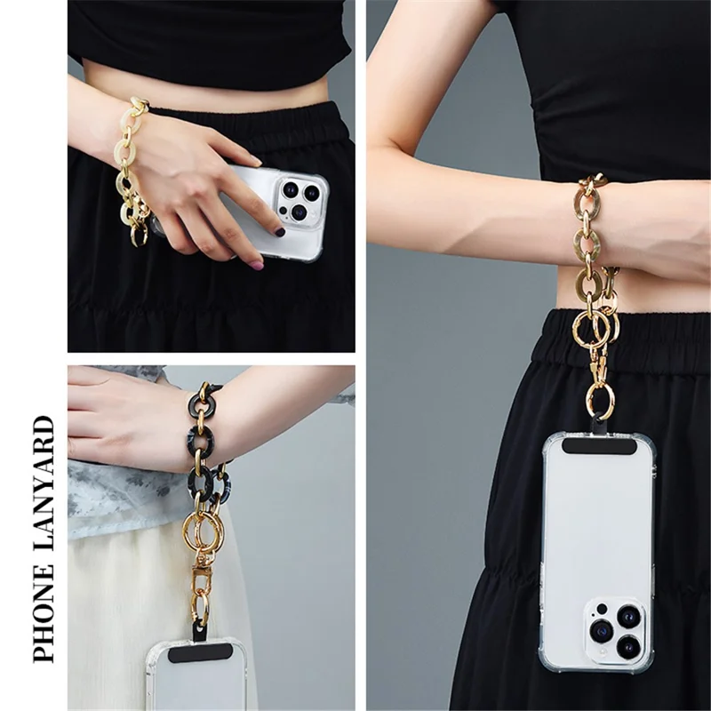 LEEU DESIGN Phone Lanyard 30cm Detachable Alloy+Acrylic Chain Strap Bracelet with Patch - Khaki