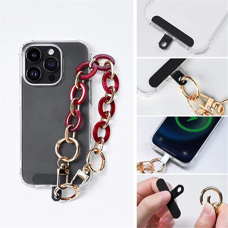 LEEU DESIGN Phone Lanyard 30cm Detachable Alloy+Acrylic Chain Strap Bracelet with Patch - Khaki