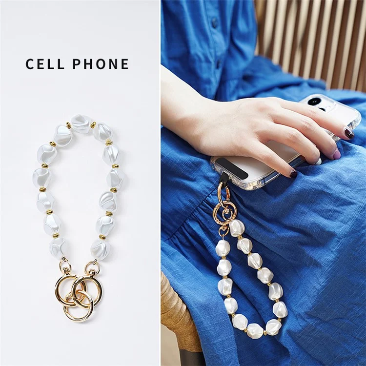 LEEU DESIGN Pearl Beaded Phone Lanyard 30cm Acrylic Wrist Strap Phone Charm Strap with Tether Tab - Gold