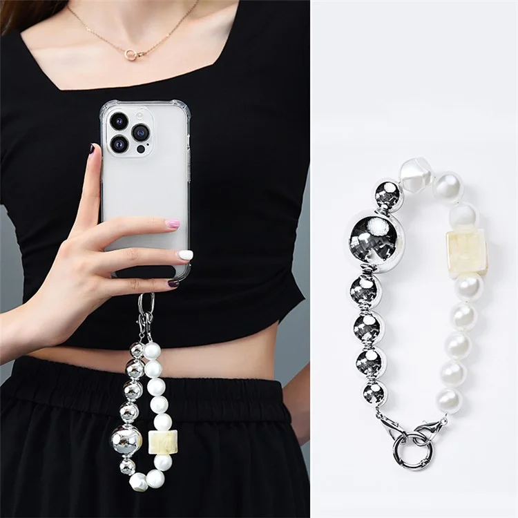 LEEU DESIGN Pulsera de perlas de 30 cm para teléfono, cordón de teléfono con parche - Plata / Blanco