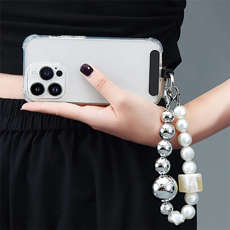 LEEU DESIGN Pulsera de perlas de 30 cm para teléfono, cordón de teléfono con parche - Plata / Blanco