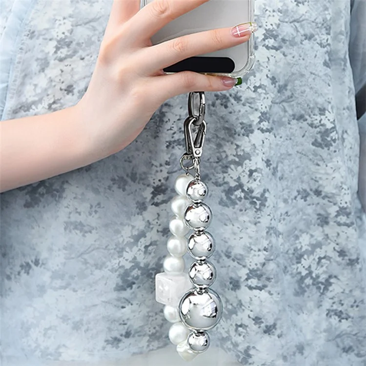 LEEU DESIGN Pulsera de perlas de 30 cm para teléfono, cordón de teléfono con parche - Plata / Blanco