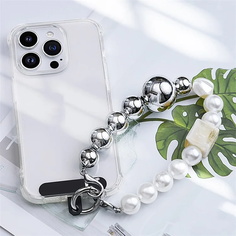 LEEU DESIGN 30cm Bracelet en perles pour téléphone Sangle de poignet Charm de téléphone perlé avec patch - Argent / Abricot