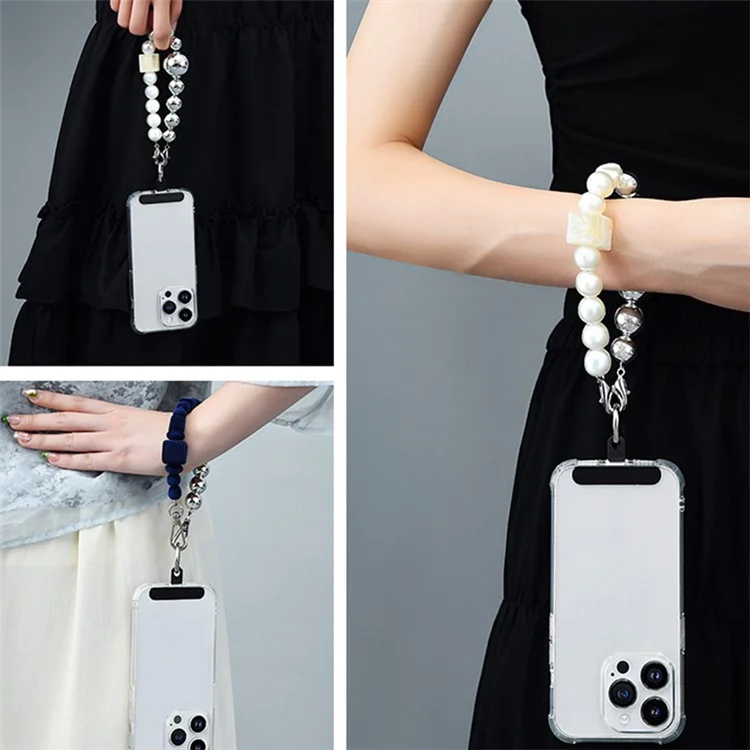 LEEU DESIGN 30cm Bracelet en perles pour téléphone Sangle de poignet Charm de téléphone perlé avec patch - Argent / Abricot