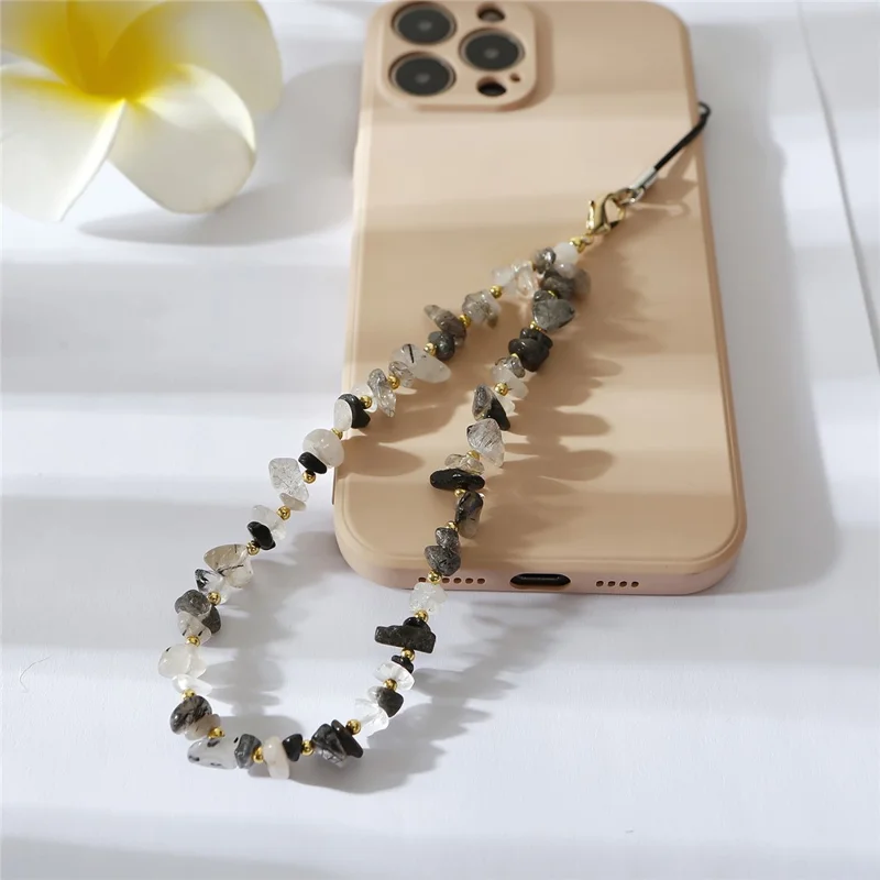 P68054 Beaded Phone Charm Natural Stone Phone Lanyard Wrist Strap Anti-Lost Lanyard String - Black Crystal