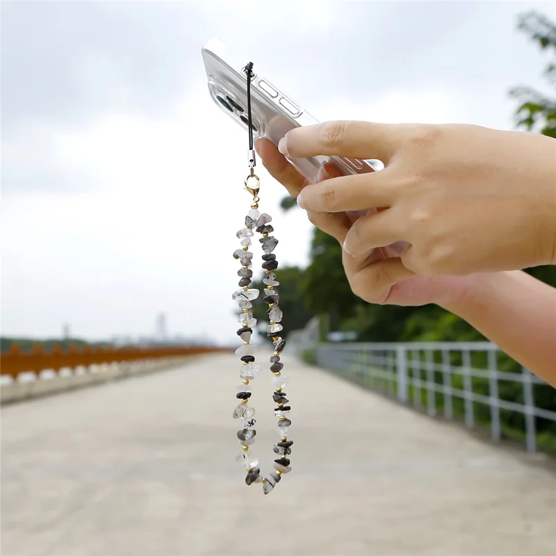 P68054 Beaded Phone Charm Natural Stone Phone Lanyard Wrist Strap Anti-Lost Lanyard String - Black Crystal