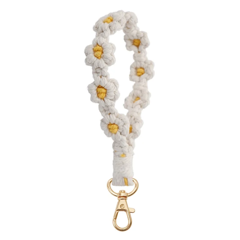 K68563 Hand Woven Phone Wrist Strap Daisy Flower Bracelet Keychain Anti-Loss String - White