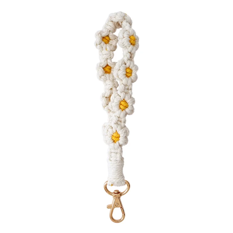 K68563 Hand Woven Phone Wrist Strap Daisy Flower Bracelet Keychain Anti-Loss String - White