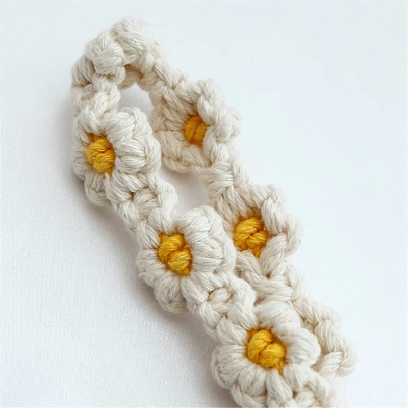 K68563 Hand Woven Phone Wrist Strap Daisy Flower Bracelet Keychain Anti-Loss String - White