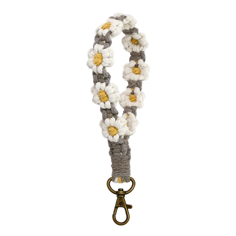 K68563 Handgewebter Telefon-Handgelenkgurt Gänseblümchen-Armband Schlüsselanhänger Anti-Verlust-Schnur - Weiß+Grau