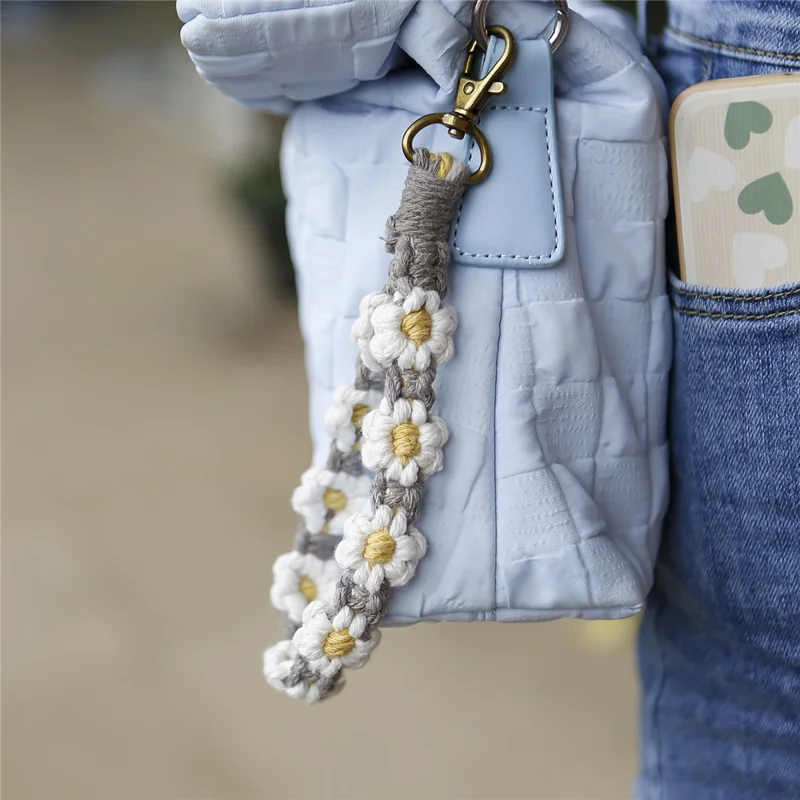 K68563 Handgewebter Telefon-Handgelenkgurt Gänseblümchen-Armband Schlüsselanhänger Anti-Verlust-Schnur - Weiß+Grau