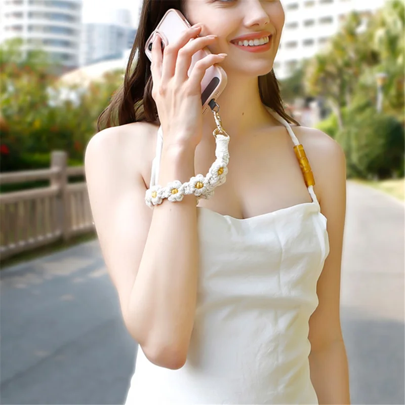 K68563 Handgewebter Telefon-Handgelenkgurt Gänseblümchen-Armband Schlüsselanhänger Anti-Verlust-Schnur - Weiß+Grau