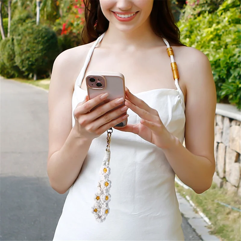 K68563 Handgewebter Telefon-Handgelenkgurt Gänseblümchen-Armband Schlüsselanhänger Anti-Verlust-Schnur - Weiß+Grau