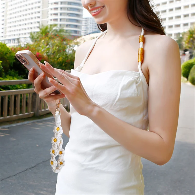 K68563 Handgewebter Telefon-Handgelenkgurt Gänseblümchen-Armband Schlüsselanhänger Anti-Verlust-Schnur - Weiß+Grau