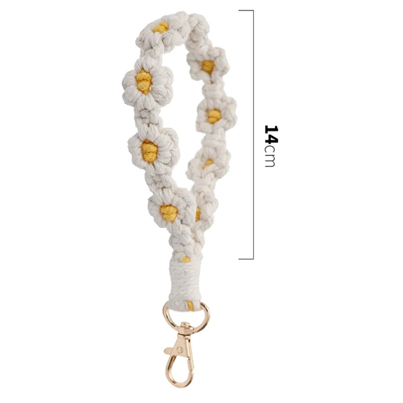 K68563 Handgewebter Telefon-Handgelenkgurt Gänseblümchen-Armband Schlüsselanhänger Anti-Verlust-Schnur - Weiß+Grau